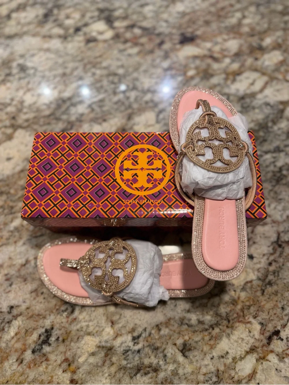 Tory Burch Pink & Gold Miller Logo Sandals